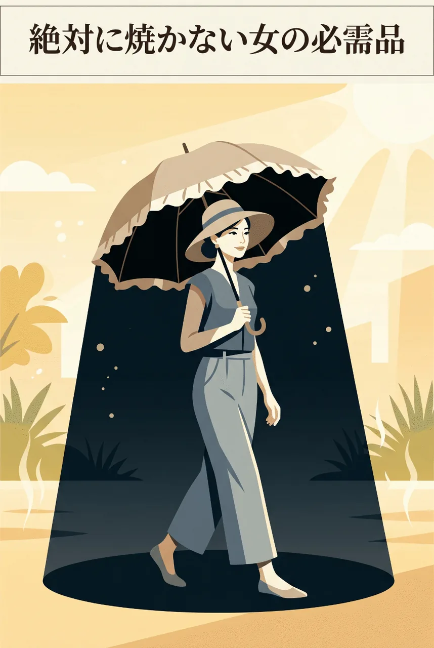 エレガントな完全遮光日傘をさして、夏の強い日差しの中を涼しげに歩く女性の縦長インフォグラフィック