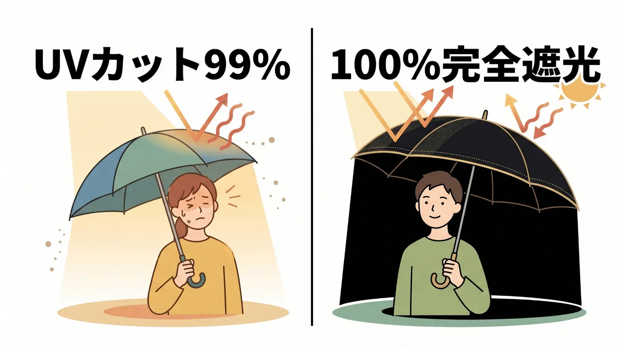 遮光率99%の日傘と100%完全遮光日傘の生地の透過率を比較したイラスト。完全遮光は光も熱も完全に跳ね返している
