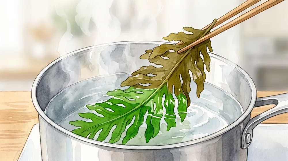 褐色の生わかめを湯に通し、鮮やかな緑色に変わっていく様子
