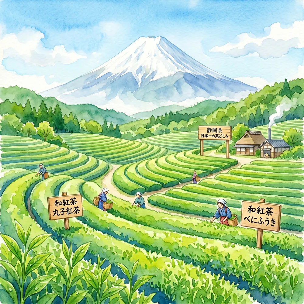 富士山を背景に広がる美しい静岡の茶畑で、茶葉が育っている様子を描いた水彩画風イラスト