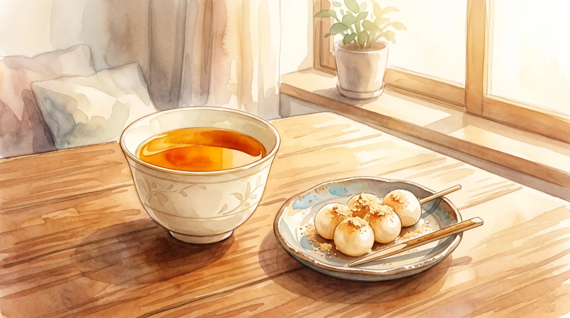美しいティーカップに注がれた透明感のある琥珀色の和紅茶と、和菓子が並ぶリラックスしたティータイムの水彩画風イラスト