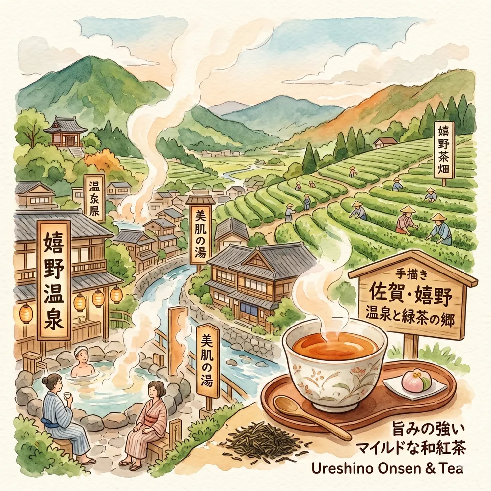 嬉野の温泉街と美しい茶畑、そこで作られる急須で淹れた和紅茶のイメージイラスト