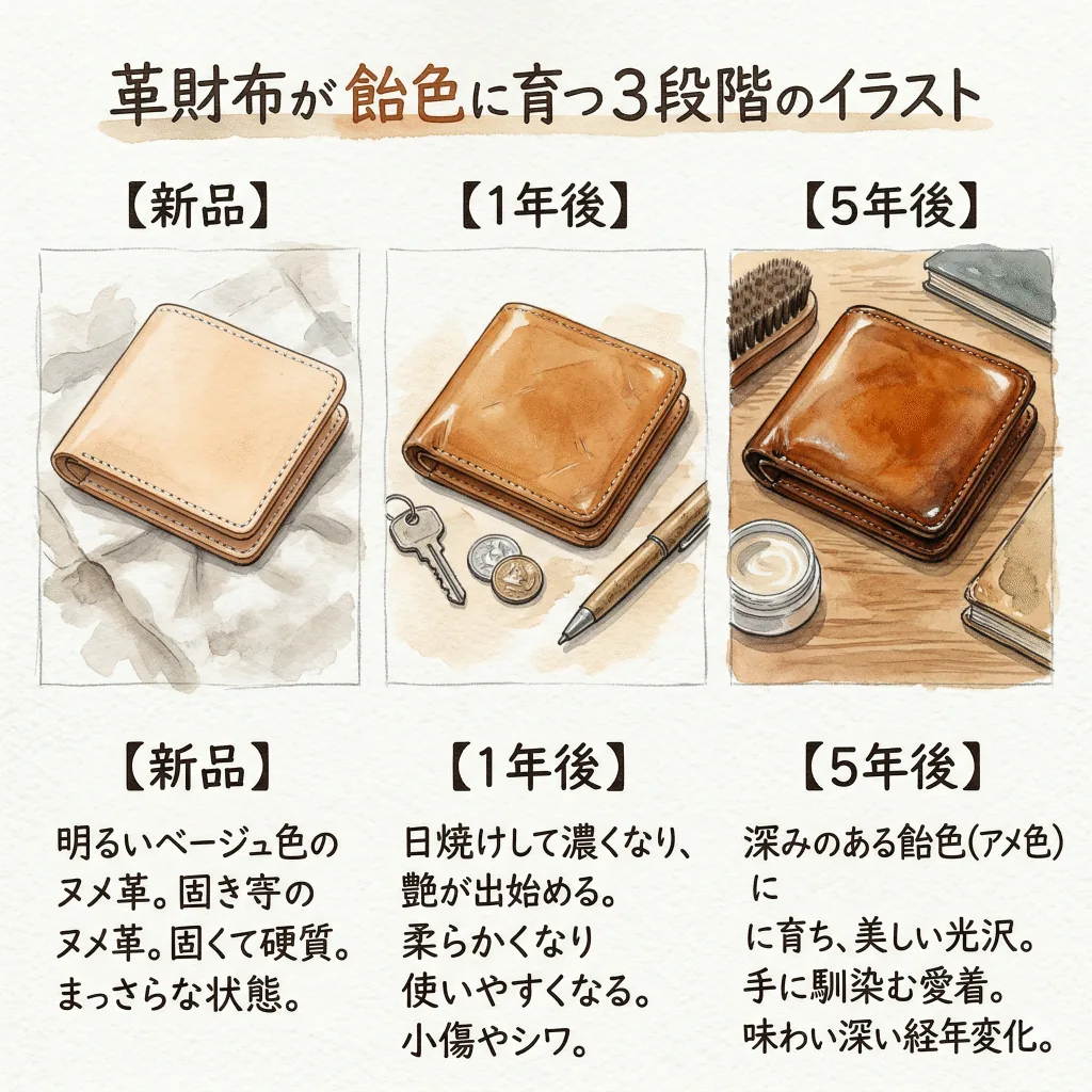 革財布が新品から経年変化して飴色に育っていく3段階のイラスト
