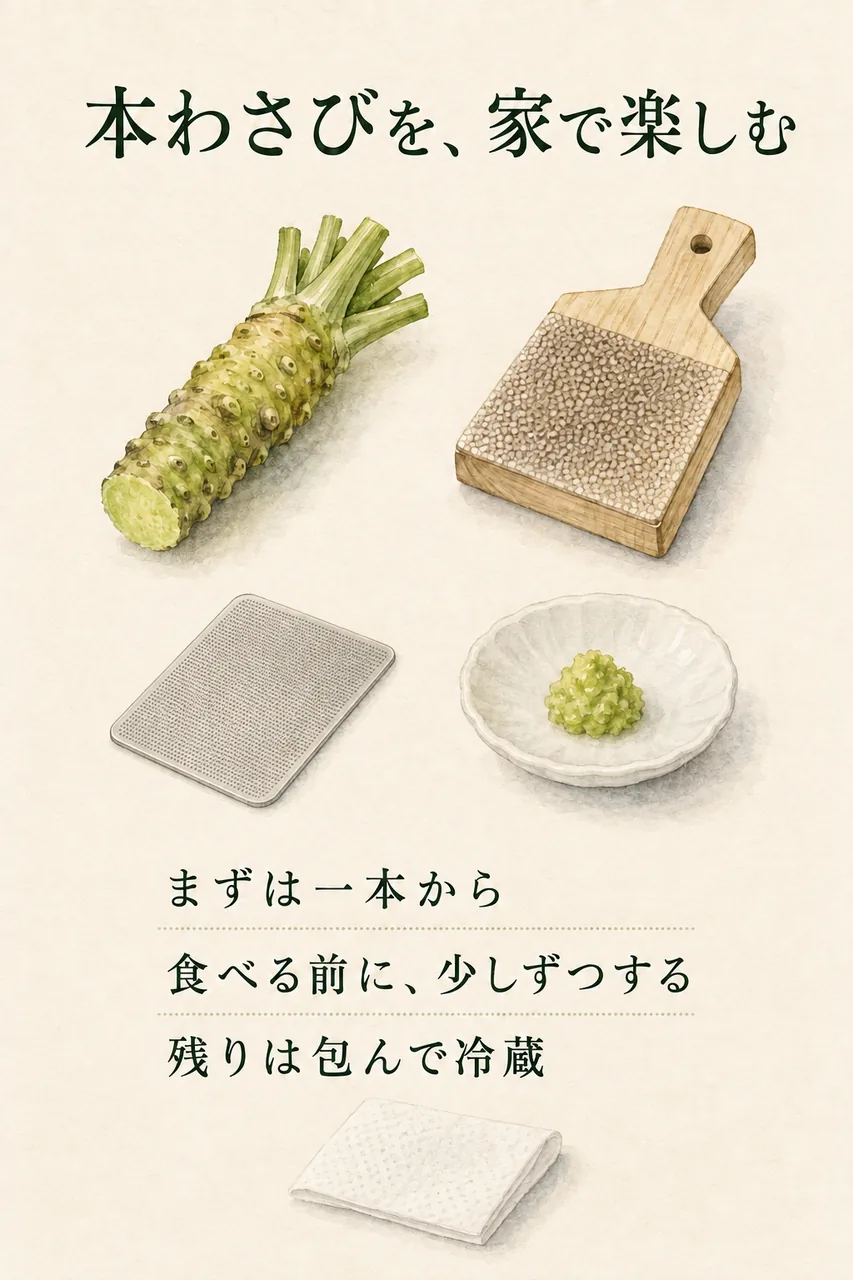 本わさびとおろし器を描き、選び方・すり方・保存の要点を添えた縦長の水彩イラスト