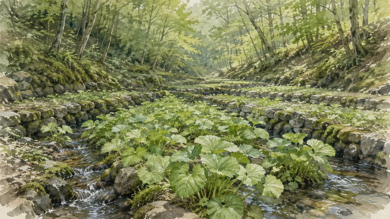 山あいの木陰で水が流れ、丸い葉が茂る段々のわさび田を描いた水彩イラスト