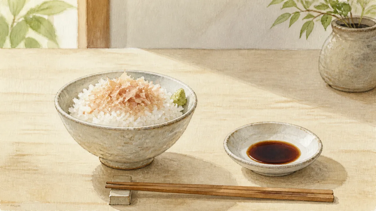 鰹節とわさびをのせたご飯、醤油の小皿を並べた食卓の水彩イラスト