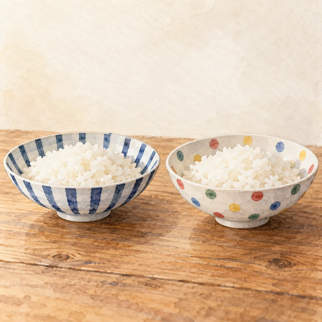浅く口の広い磁器の茶碗が二つ、違う手描きの柄で並び、ご飯がよそわれている水彩イラスト