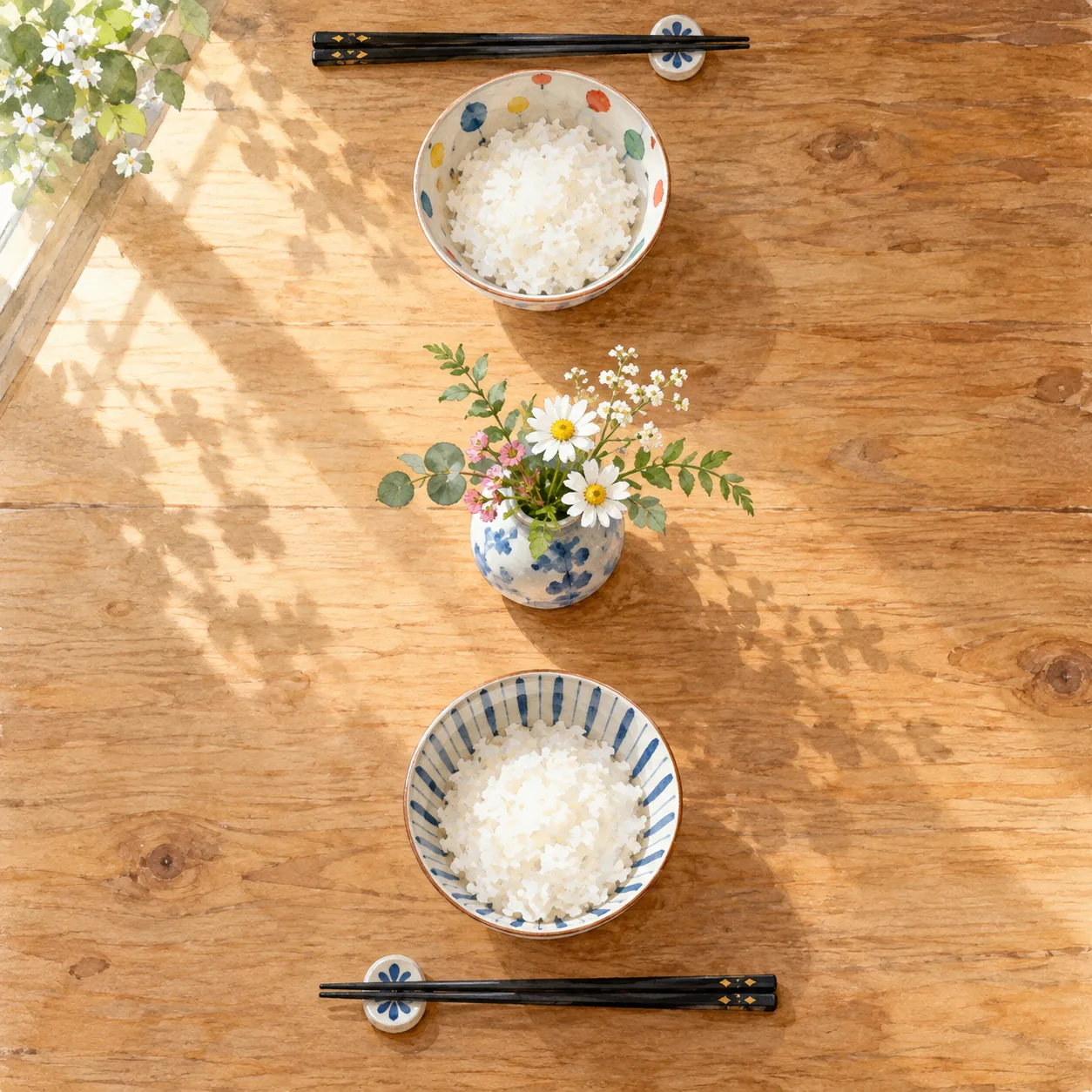 朝の食卓に、同じ漆の箸が二膳と、柄違いの茶碗が二つ、向かい合わせに並べられている水彩イラスト