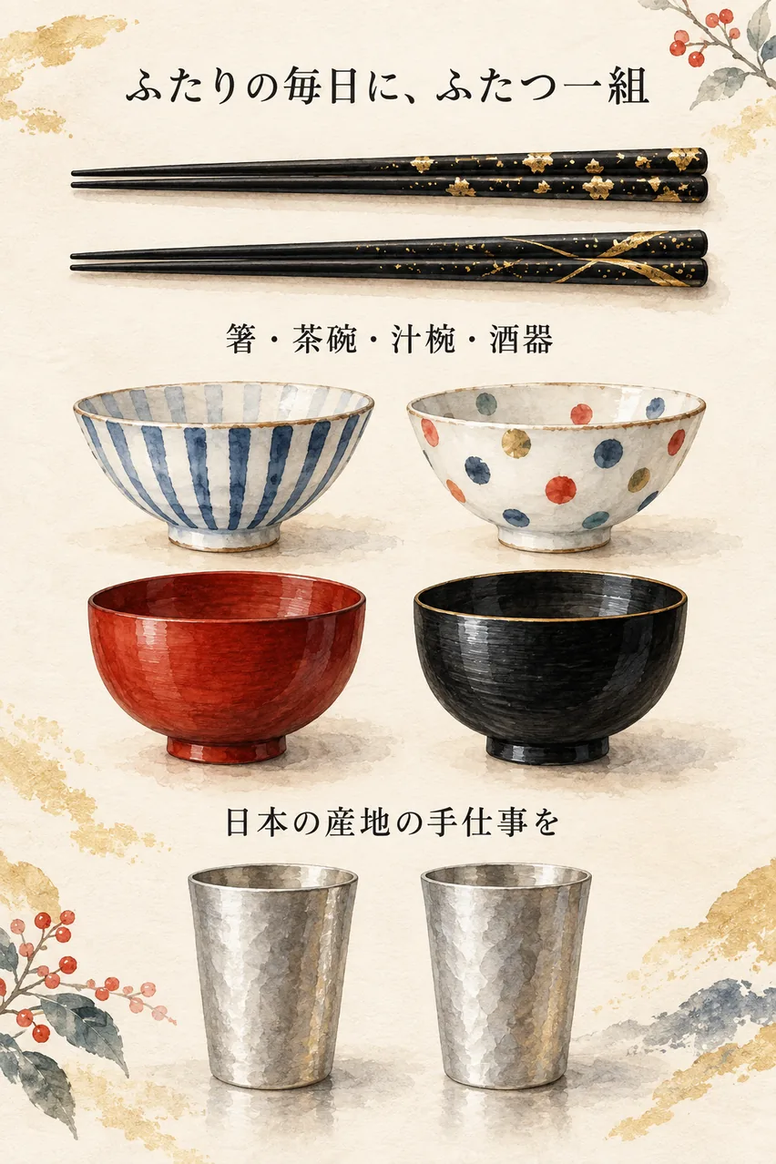 二膳の夫婦箸、柄違いの茶碗二つ、朱と黒の椀二つ、錫のビアカップ二つを縦に並べた、結婚祝いのまとめイラスト