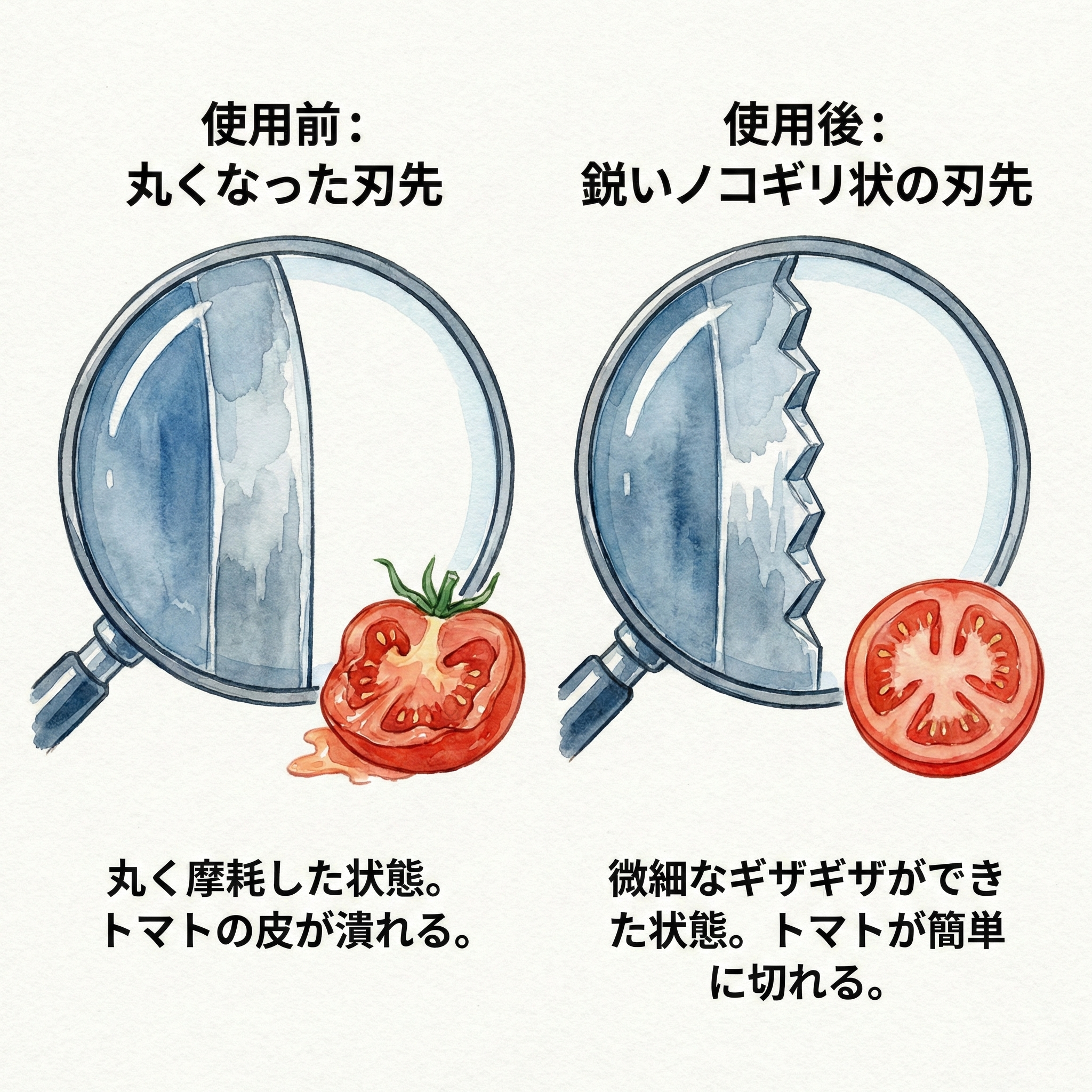 研ぐ前と後の包丁の刃先を拡大した比較イラスト。研ぐ前は丸く、研いだ後はギザギザしている。