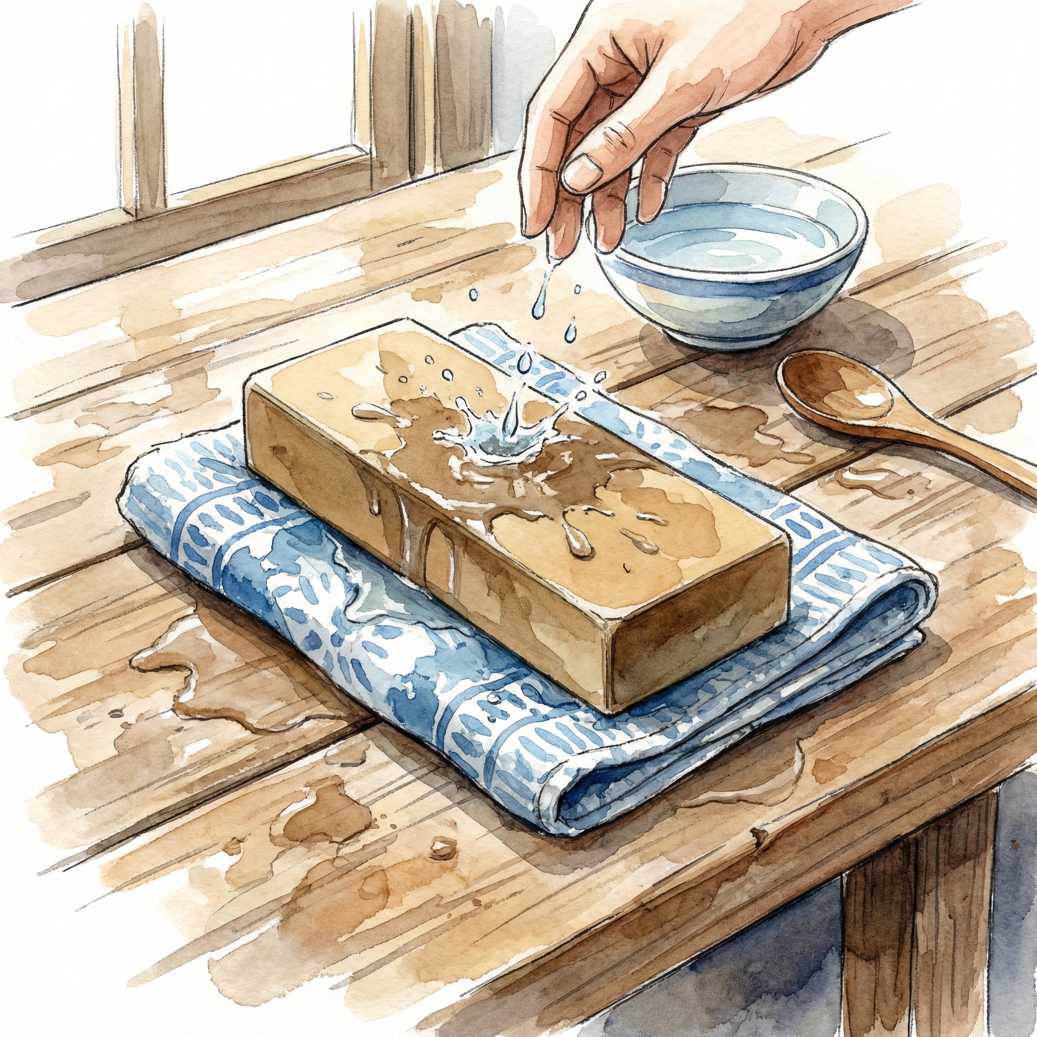 砥石の下に濡れ雑巾を敷いて固定し、水をかけているイラスト