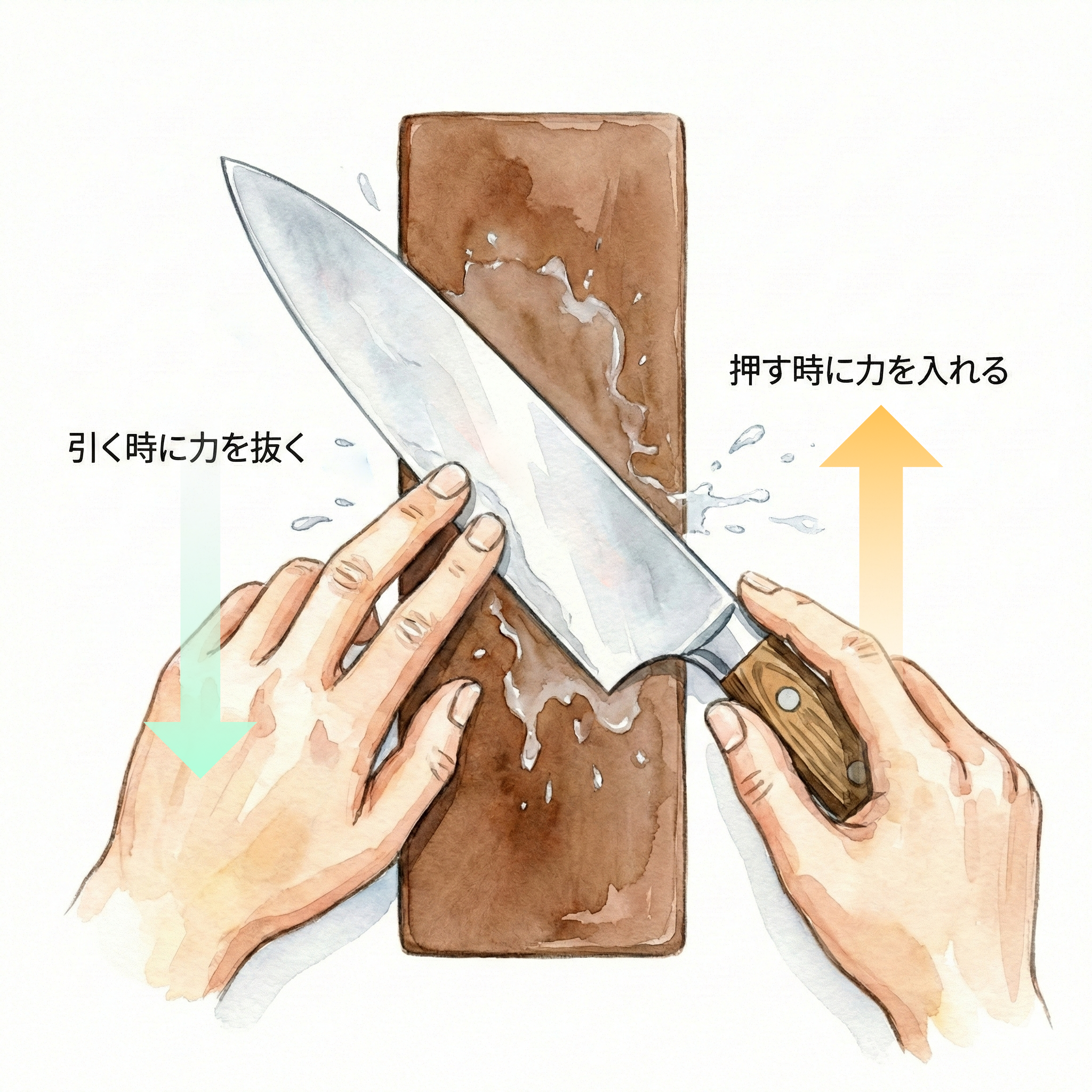 包丁を研ぐ時の手の動き。押す時に矢印が太く、引く時に細くなっているイラスト