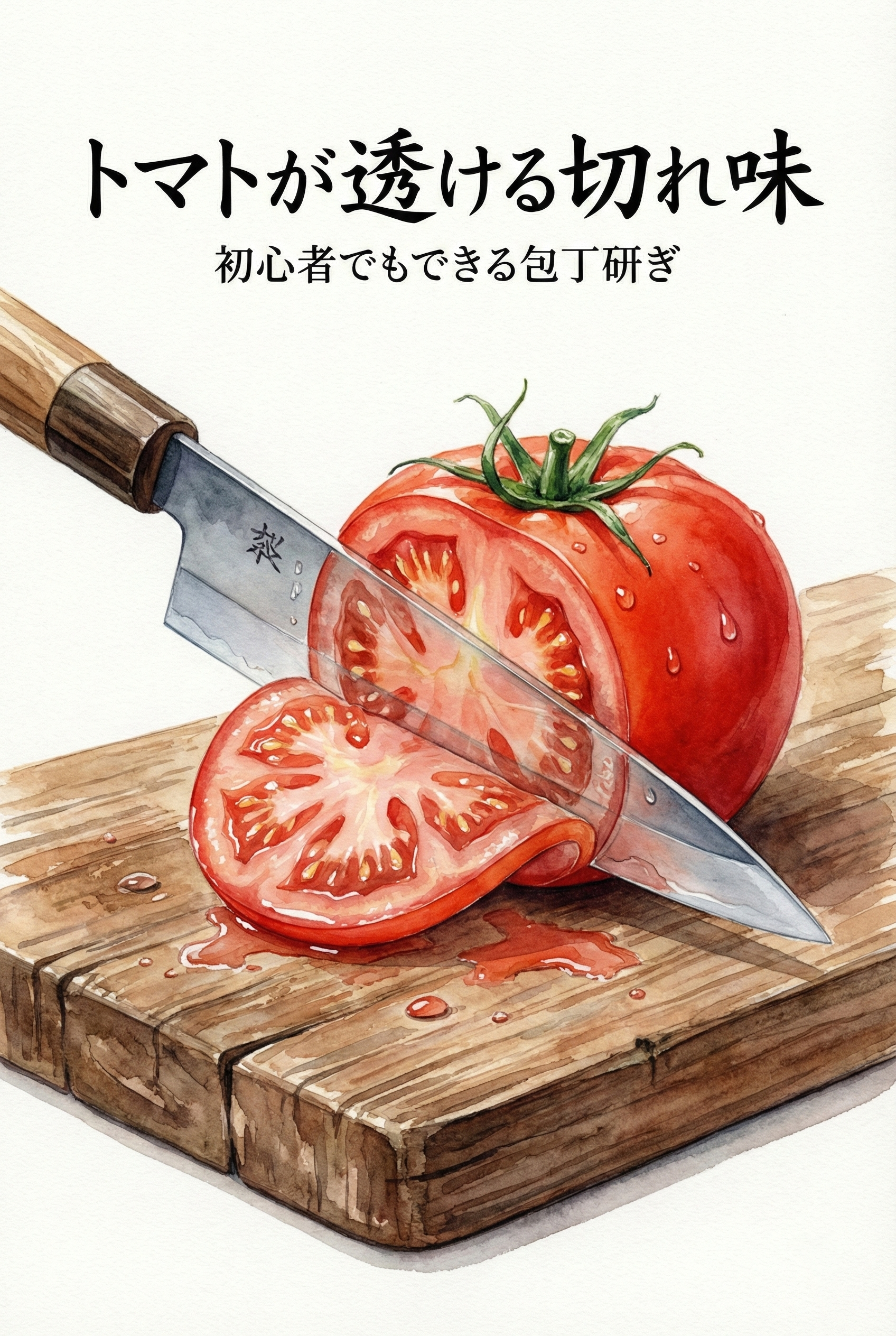 研ぎ終わった包丁でトマトが薄く綺麗に切れている様子の画像
