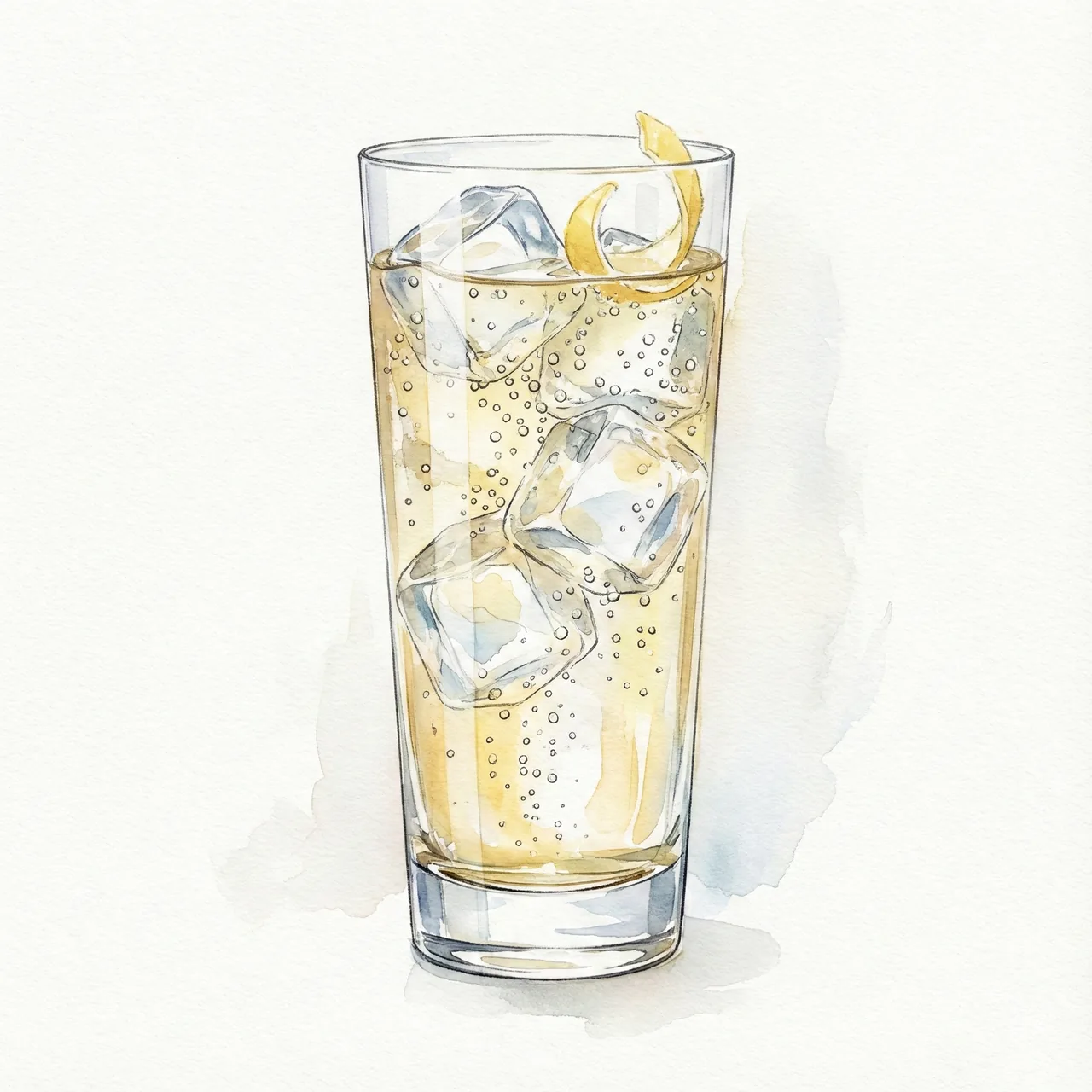 氷と炭酸が弾ける美味しそうなハイボールとうすはりグラスのイラスト