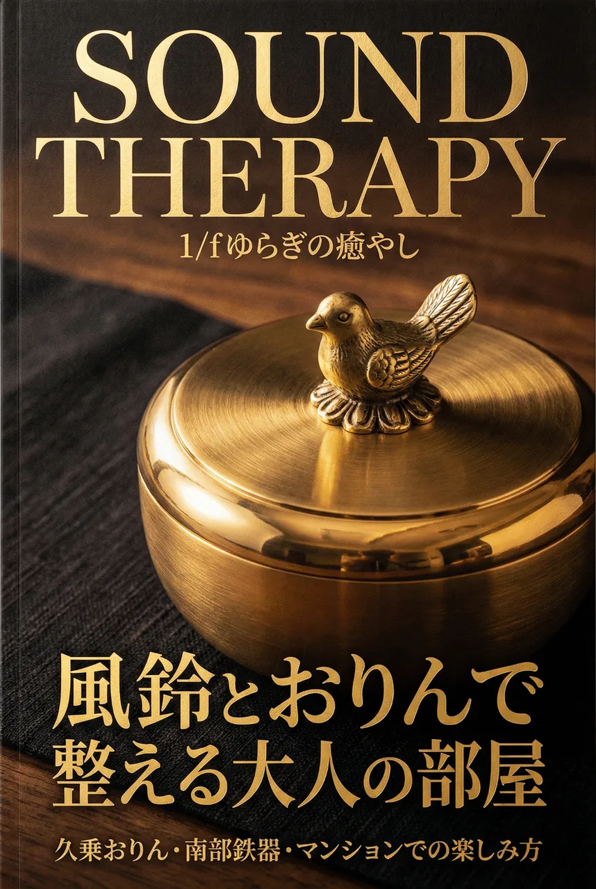 窓辺で風に揺れる南部鉄器の風鈴と、テーブルの上にある久乗おりん。光と音が調和する穏やかな空間