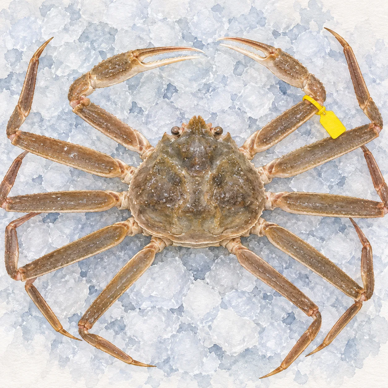 脚に黄色いタグを付けた大きな雄のズワイガニが、氷の上に置かれている水彩イラスト