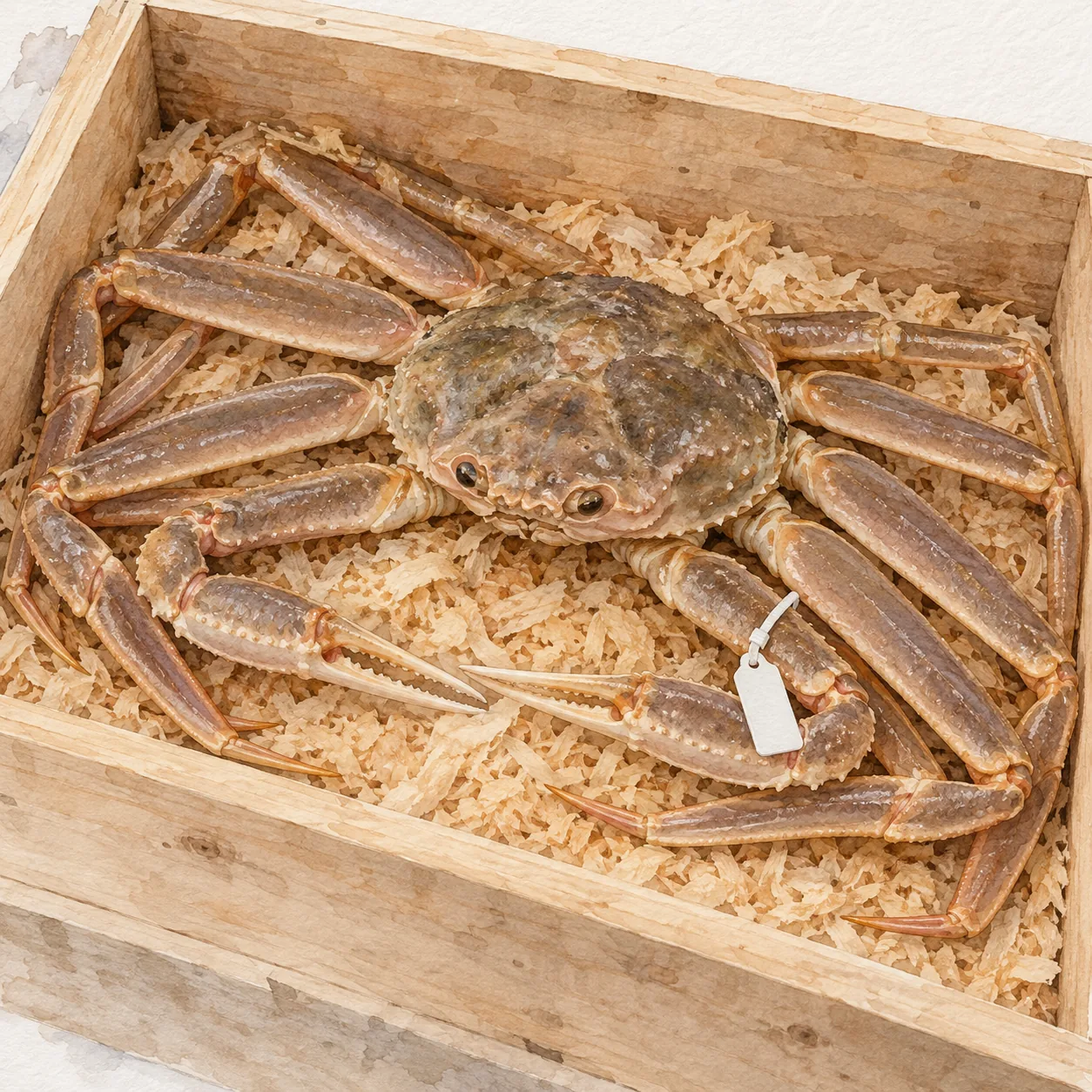 タグを脚に付けた生きたズワイガニが、木の箱におがくずと一緒に入っている水彩イラスト