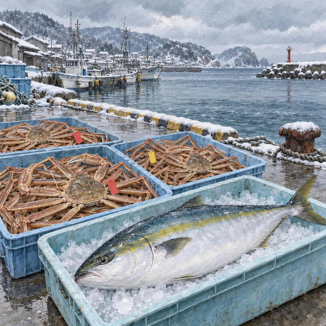 冬の日本海の漁港に、ズワイガニが並んだ箱と大きなぶりが水揚げされている水彩イラスト
