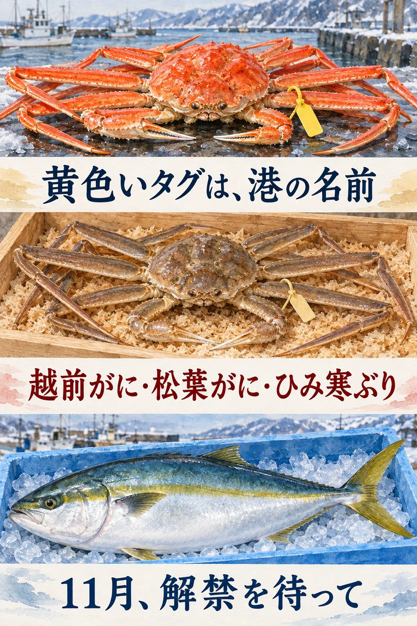 黄色いタグの越前がに、タグの付いた松葉がに、青い箱のぶりを縦に並べたまとめイラスト