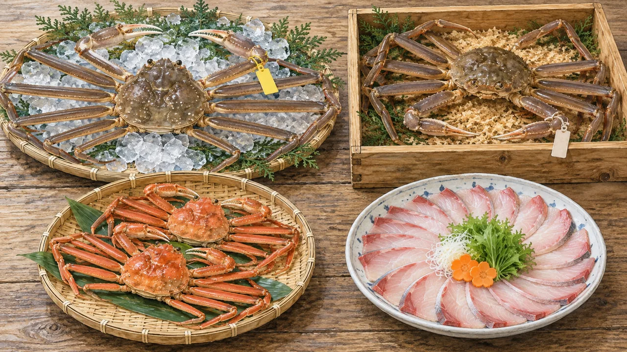 黄色いタグの越前がに、タグの付いた松葉がに、茹でた小ぶりな親がに、ぶりのしゃぶしゃぶ用の切り身を並べた水彩イラスト