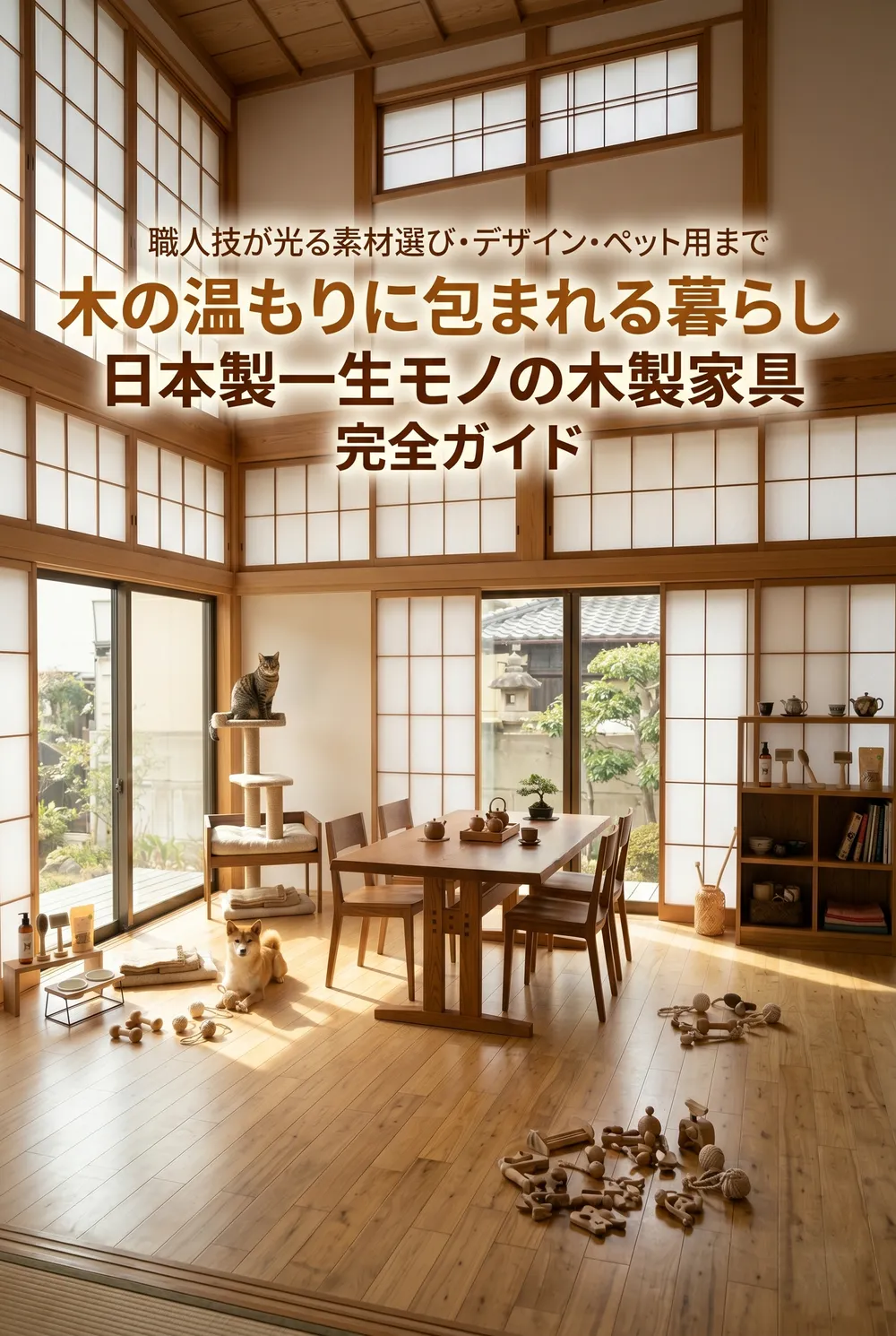 温もりのある無垢のダイニングテーブルと椅子を囲んで、家族が楽しそうに食事をしている風景