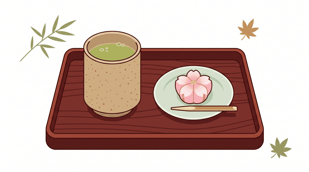 山中塗の漆のお盆に湯呑みと和菓子を乗せた、上品なおもてなしのイメージイラスト