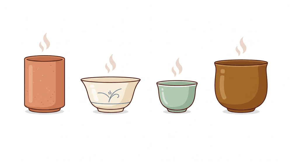 円筒形の湯呑みと背の低い汲み出し茶碗、煎茶用と番茶用の大きさの違いを並べたイラスト
