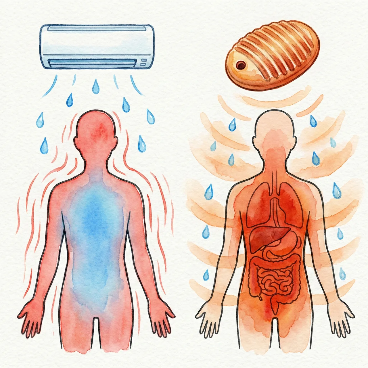 エアコンの「乾熱」は表面だけを温めるが、湯たんぽの「湿熱」は体の深部まで届くことを比較したイラスト