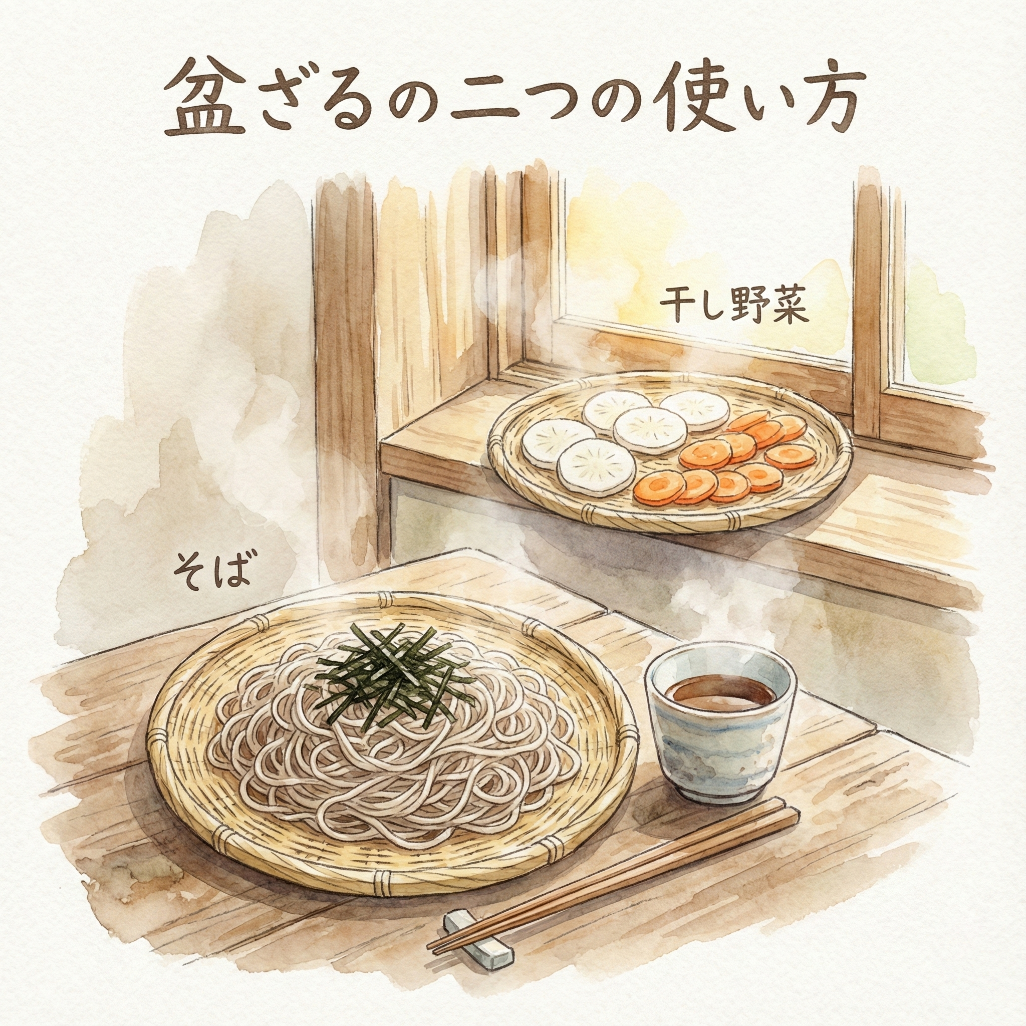 盆ざるに蕎麦を盛り付けたり干し野菜を作っているイラスト