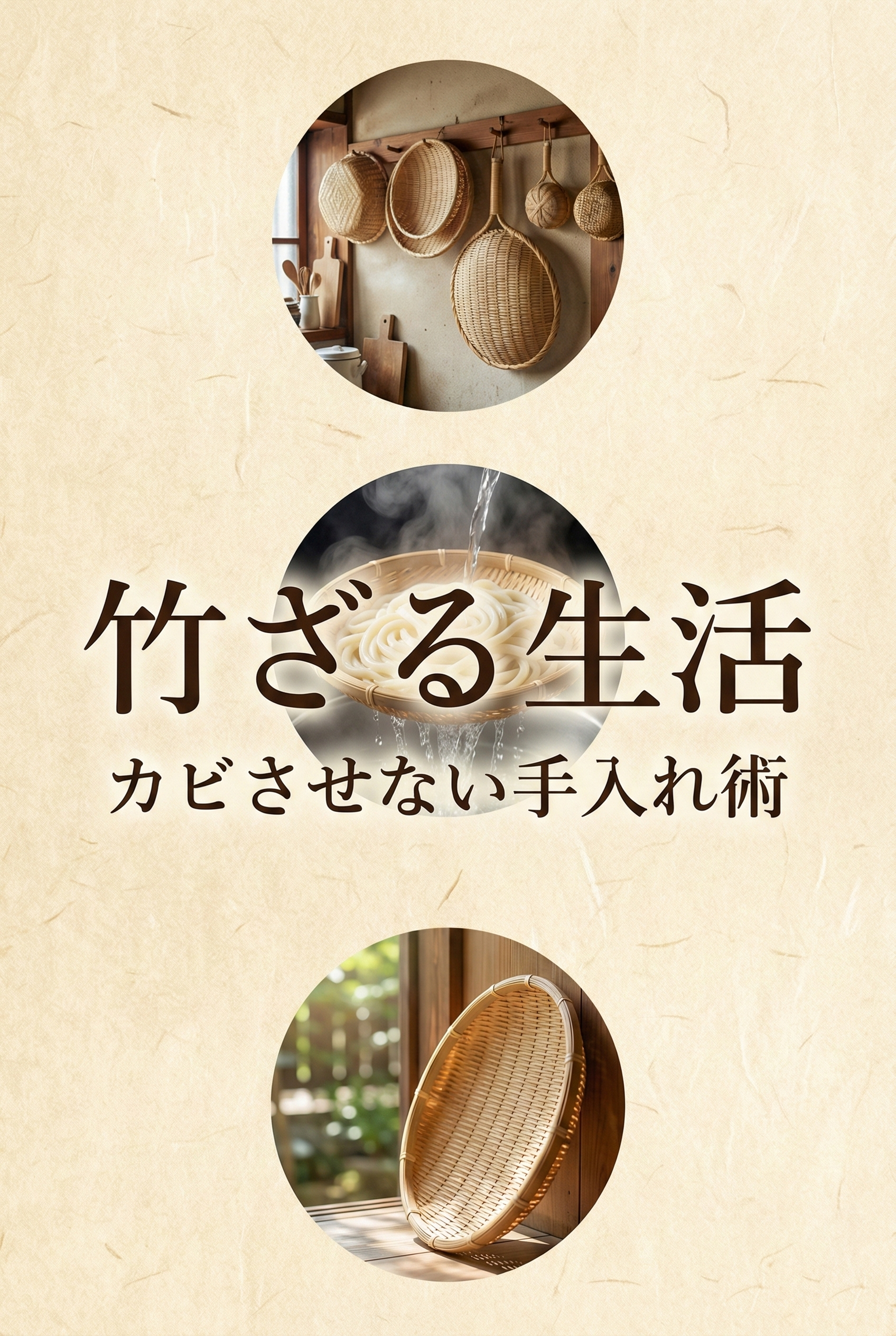 キッチンの壁に吊るされた飴色の竹ざると丁寧な暮らしのイメージ画像