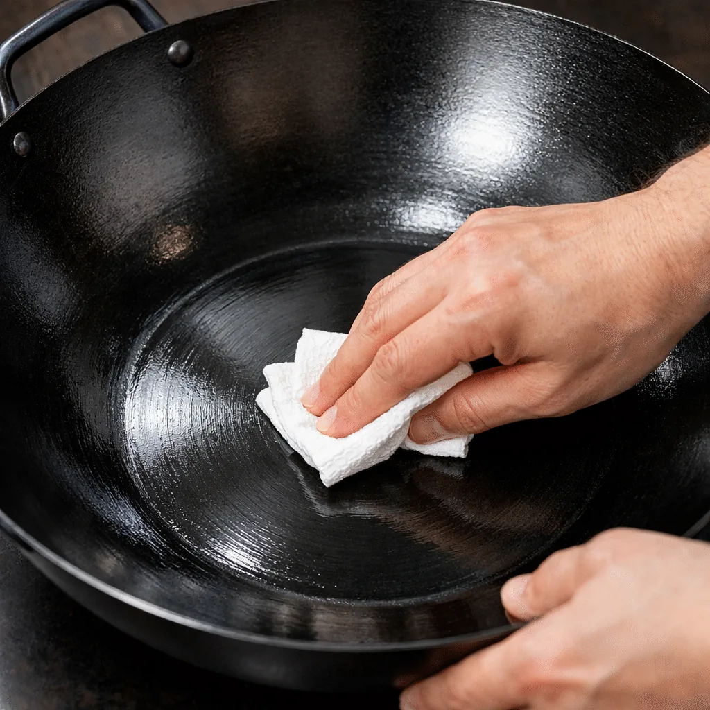 📸 【STEP3画像】キッチンペーパーを使って、フライパンの内側に薄く油を塗り広げている様子