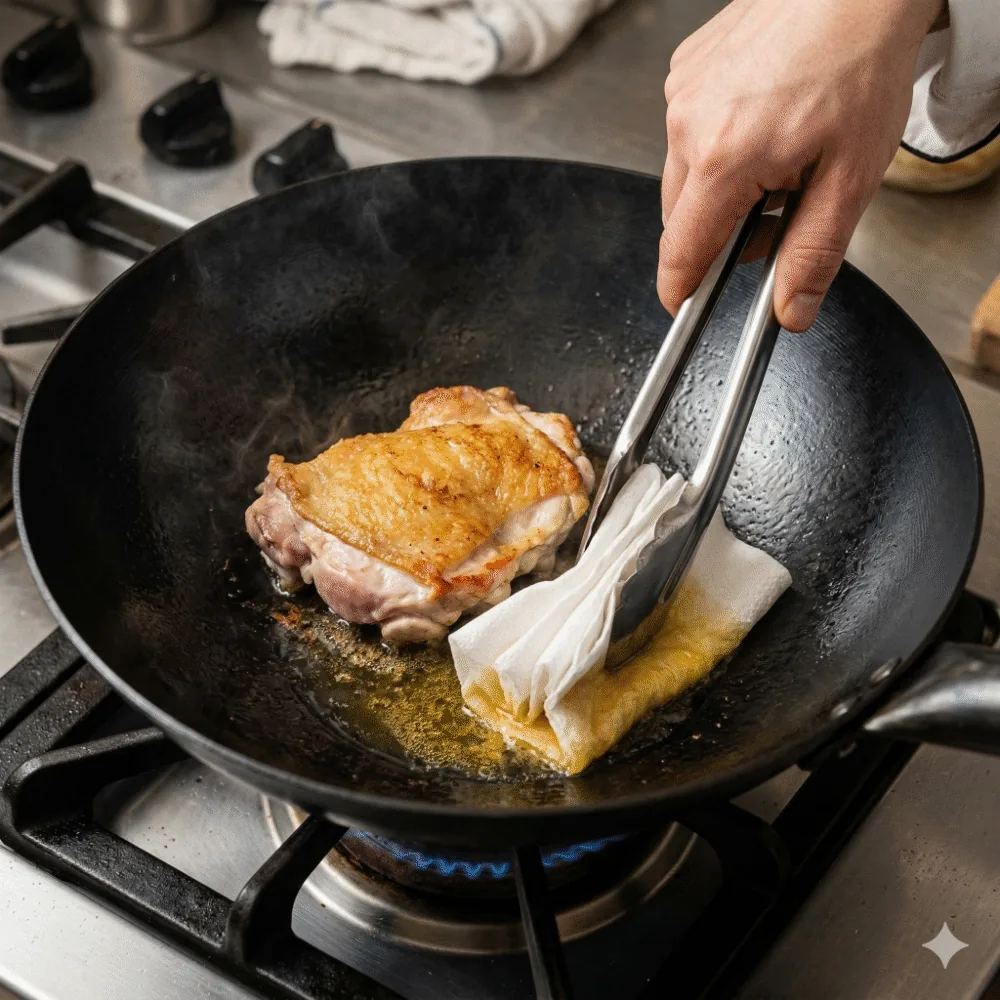 📸 【STEP3画像】肉の側面が白く焼け上がり、フライパンの端に溜まった脂をキッチンペーパーで拭いている様子