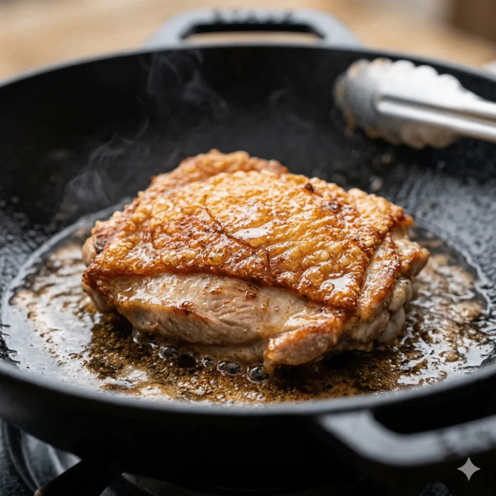 📸 【STEP4画像】裏返した瞬間。皮が美しいキツネ色に焼き上がり、パリッとしているのが伝わるシズル感MAXの写真