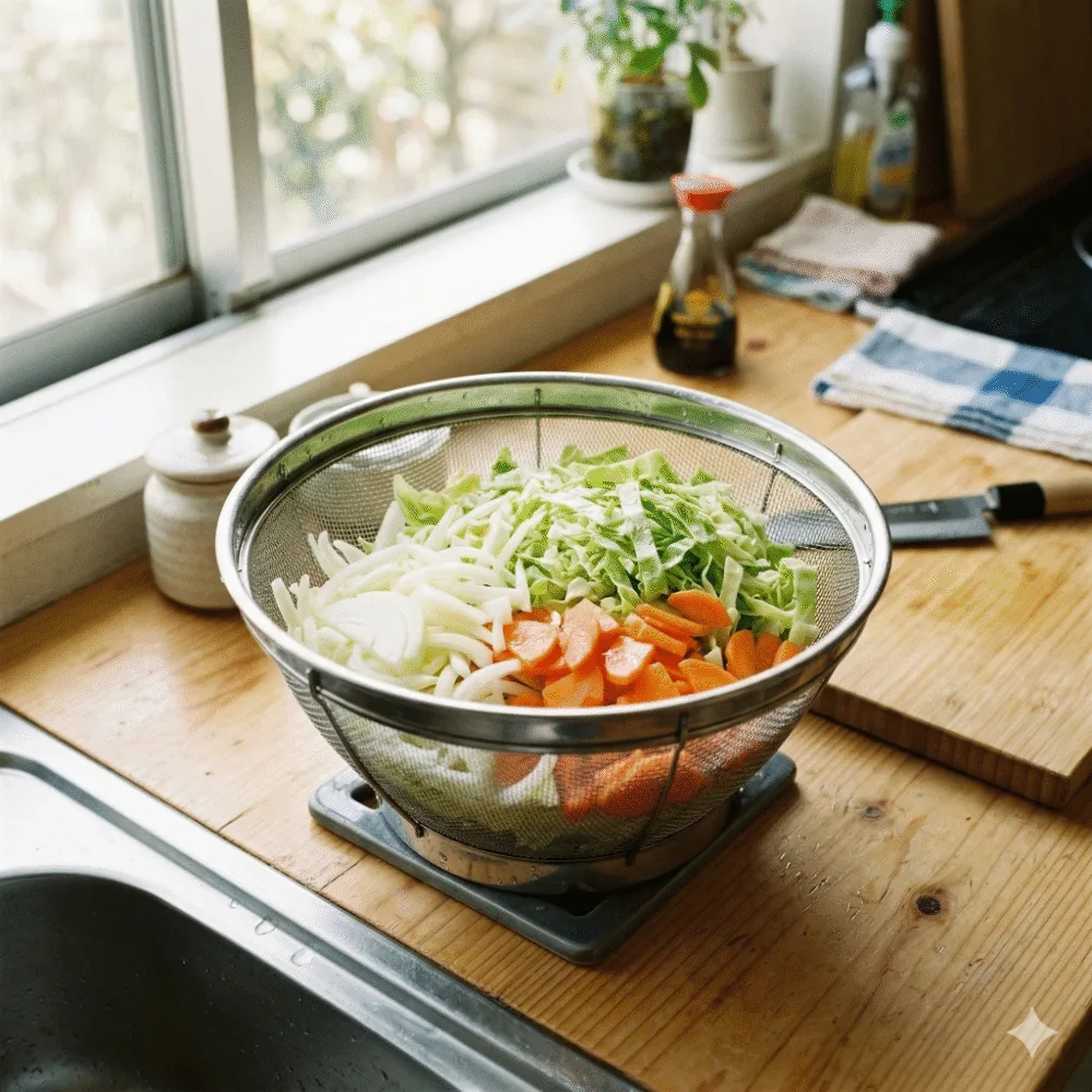 📸 【STEP1画像】ざるに上げられ、しっかり水気が切られた色鮮やかなカット野菜