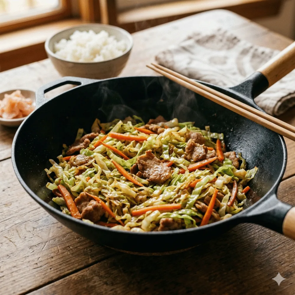 📸 【STEP4画像】完成したツヤツヤでシャキシャキの野菜炒め。湯気が立ち上っているシズル感たっぷりの写真